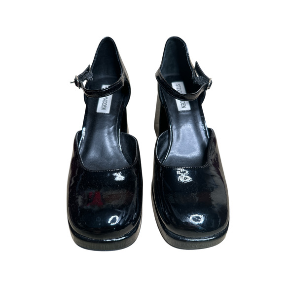 Steve Madden Black Faux Patent Leather Block Heel Mary Jane Shoes 3.25" Heel 8M - Picture 3 of 14